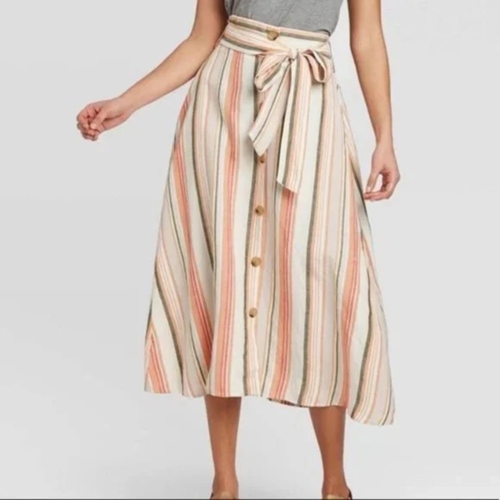 A New Day Striped Linen Blend Midi Skirt Button‎ Front Tie Waist Summer Size S